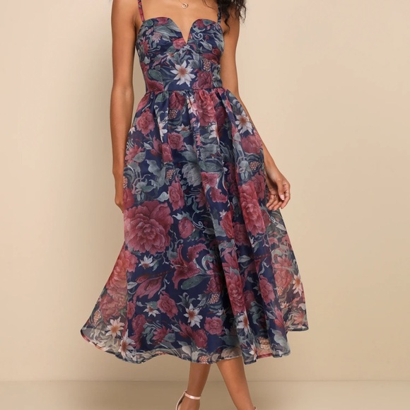 Cherished Aura Navy Blue Floral Organza Bustier Midi Dress
Lulus - Picture 2 of 4